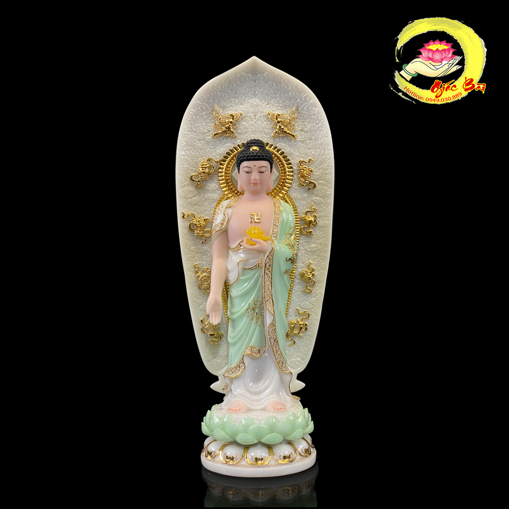 Tượng Phật A Di Đà Đứng, Bột Đá Xanh Trắng Viền Vàng cao từ 40cm - 90 cm