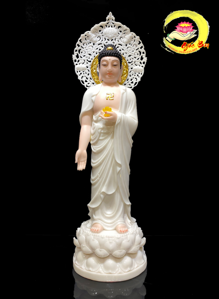Tượng Phật A Di Đà đứng đài sen bột đá trắng có lá đề cao 40cm, 48cm ,65cm, 90cm