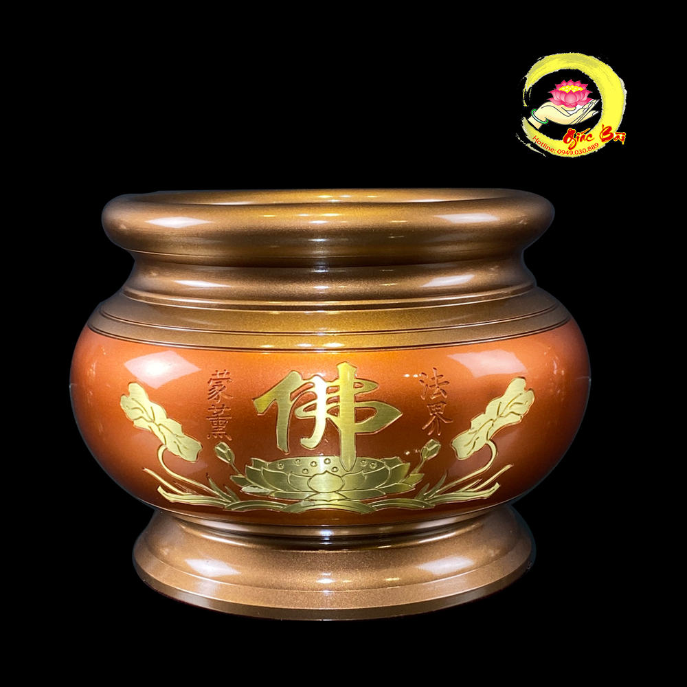 bát hương hoa sen chữ Phật bằng đồng đỏ Đài Loan cao cấp từ  5inch (12,5cm) - 12inch (30cm)