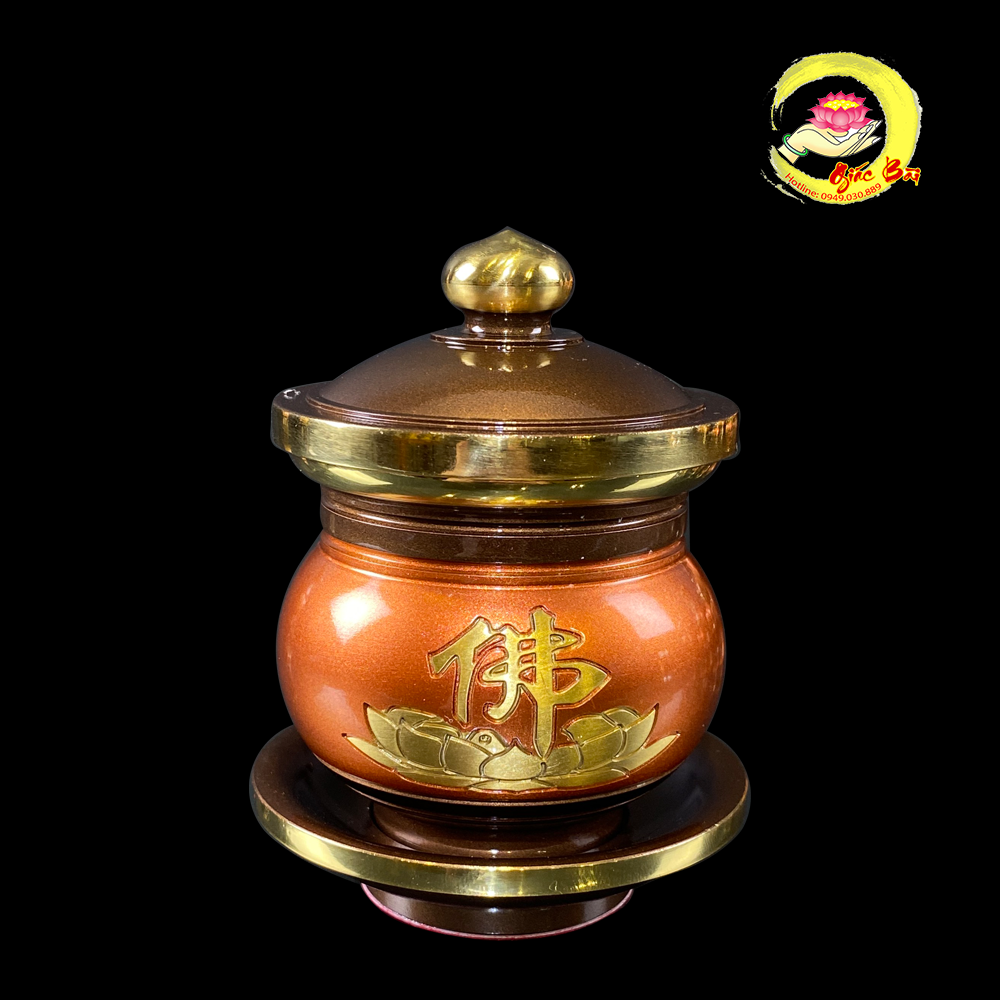 Chén nước thờ hoa sen chữ Phật bằng đồng đỏ Đài Loan cao cấp