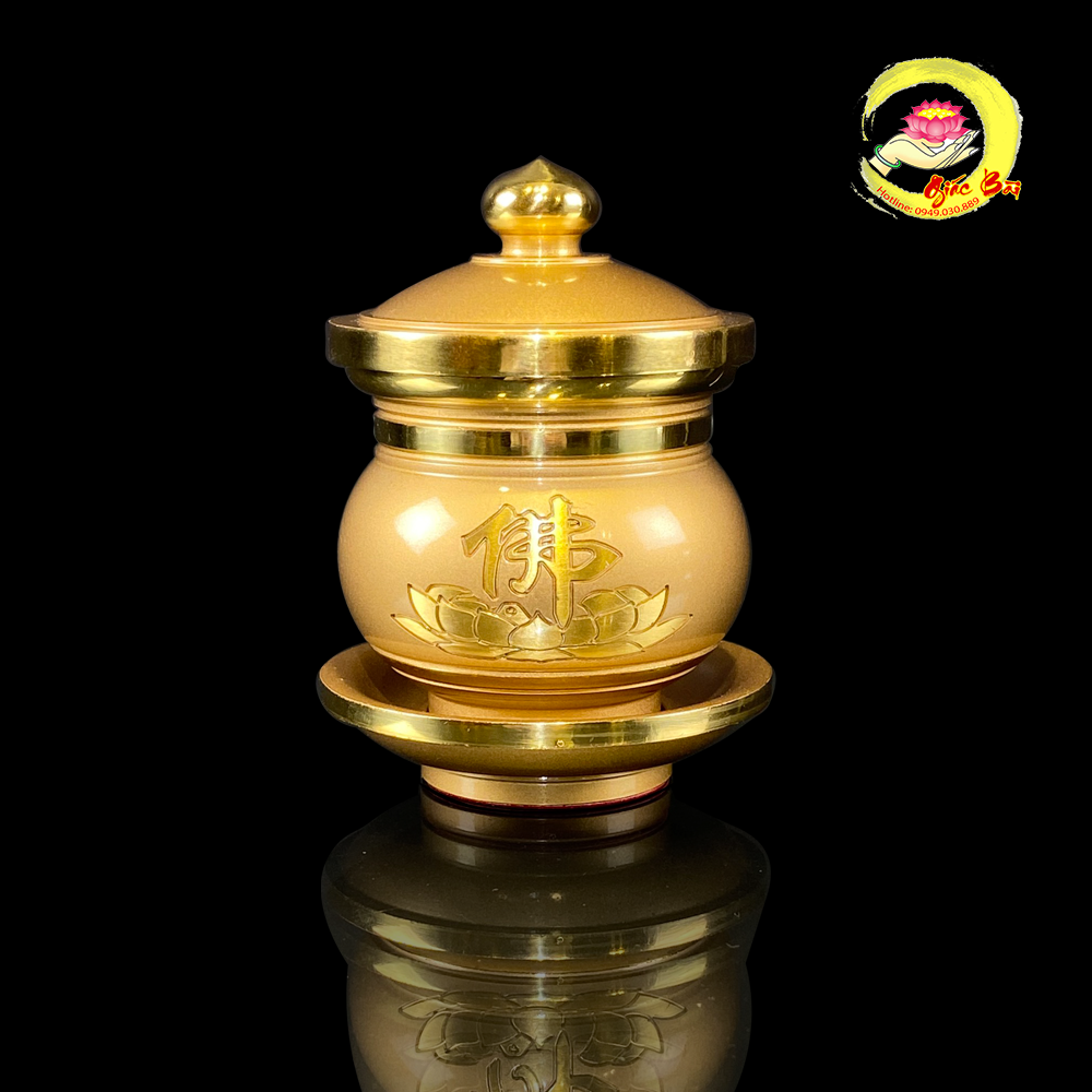 Chén nước thờ hoa sen chữ Phật bằng đồng vàng Đài Loan cao cấp