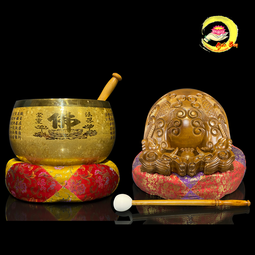 Bộ chuông mõ Đài Loan, chuông tâm kinh chữ phật, mõ rồng gỗ bưởi nâu vàng  kích thước 16inch (40cm)