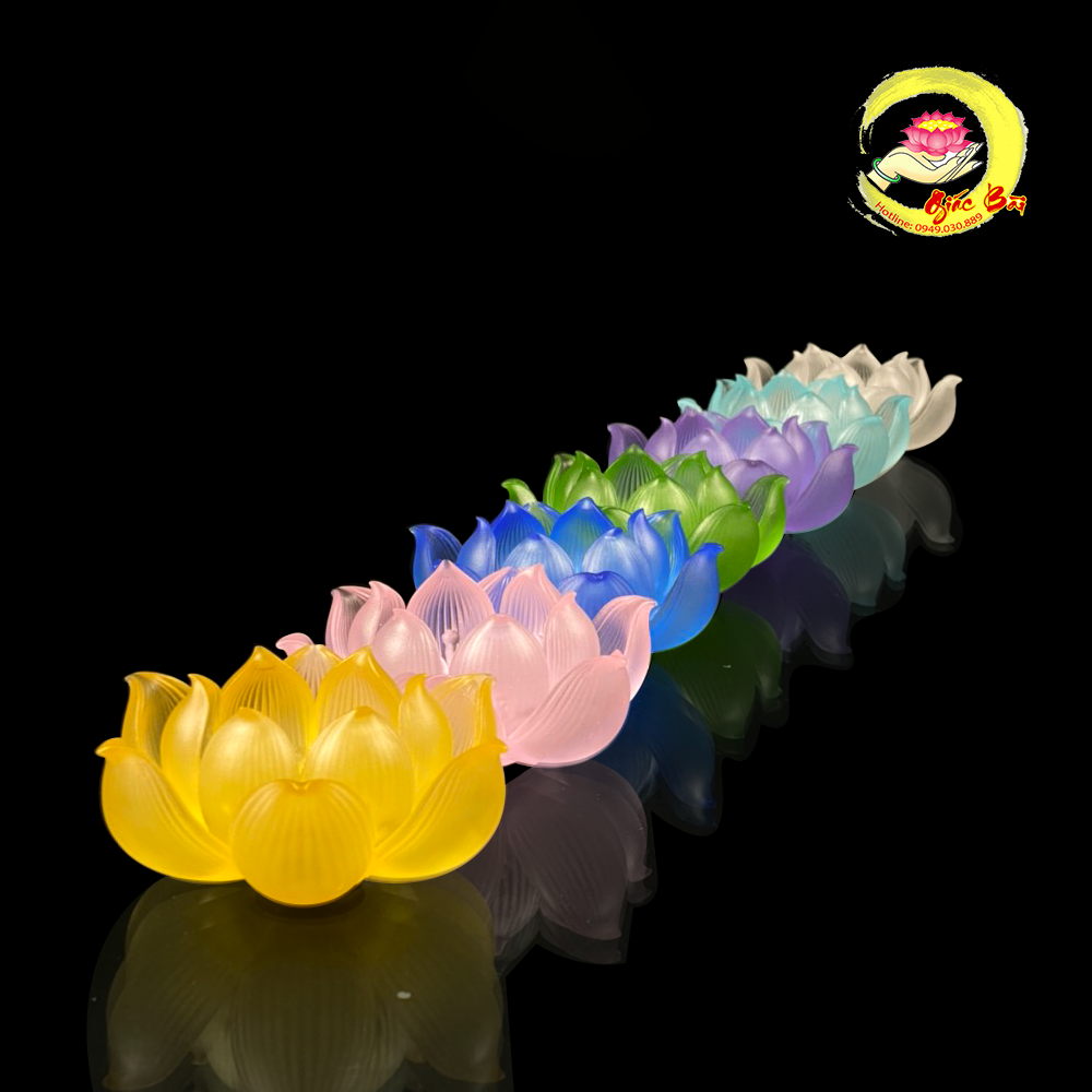 Bộ đế nến phúc liên hoa sen nở bằng lưu ly 7 màu