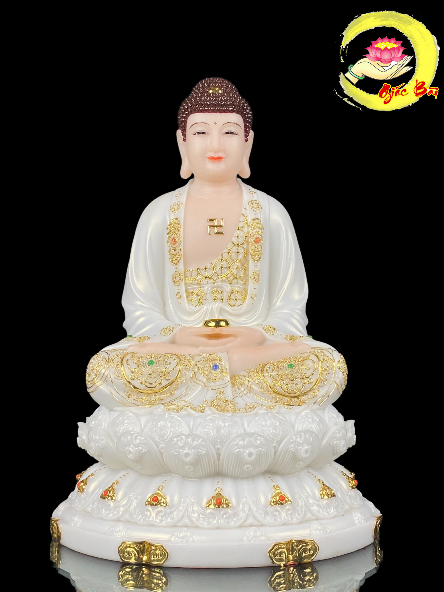 Tượng Phật Bổn Sư Thích Ca Ngồi Đài Sen Bột Đá Trắng Dát Vàng Cao 30cm, 40cm, 48cm