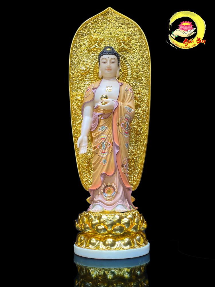 Tượng Phật A Di Đà Đứng Đài Sen Có Lá Đề Sơn Vẽ Gấm Cao 65 cm