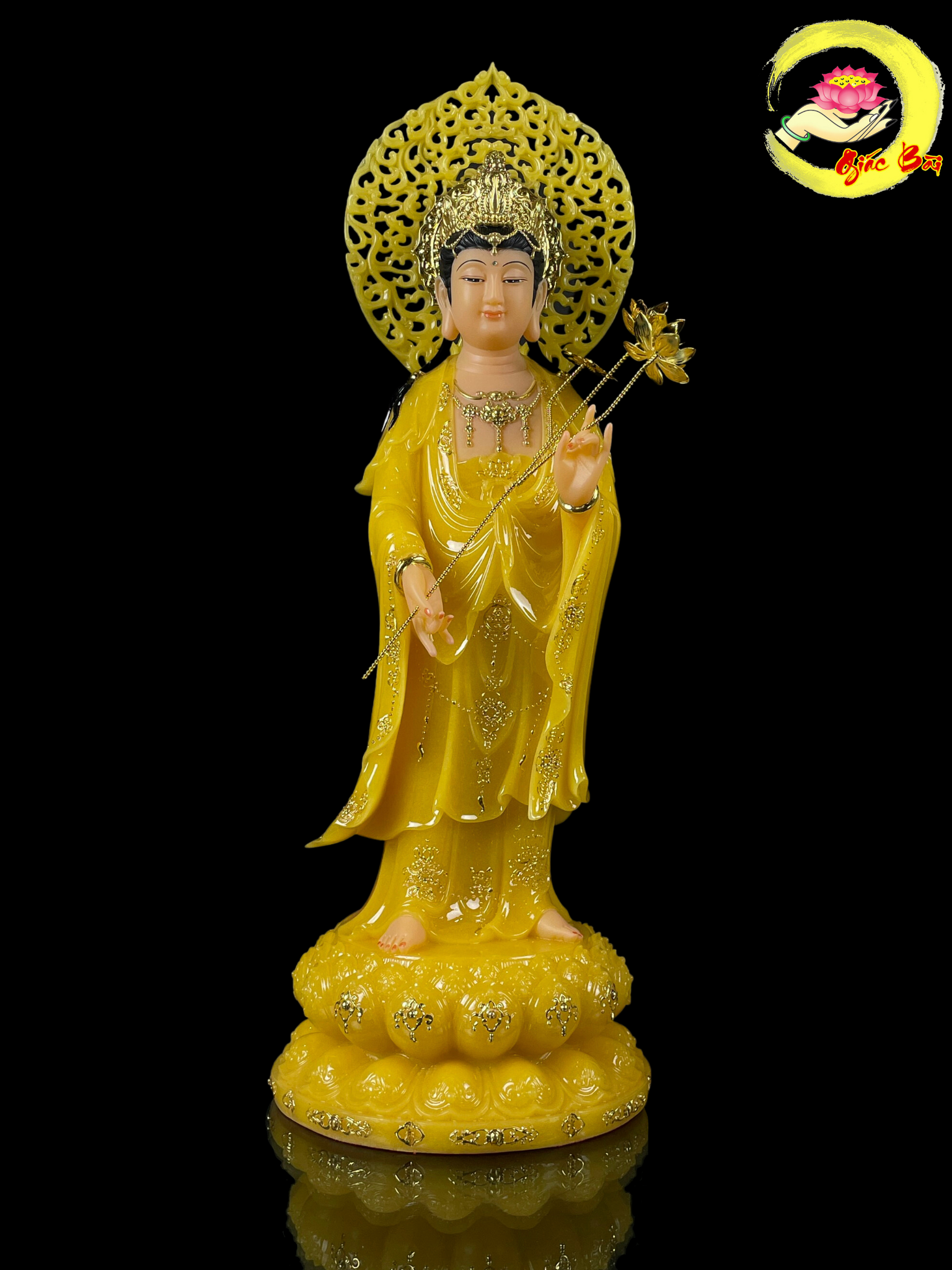 Tượng Phật Đại Thế Chí Bồ Tát Thạch Anh Sơn Viền Vàng Đứng cao 48 cm