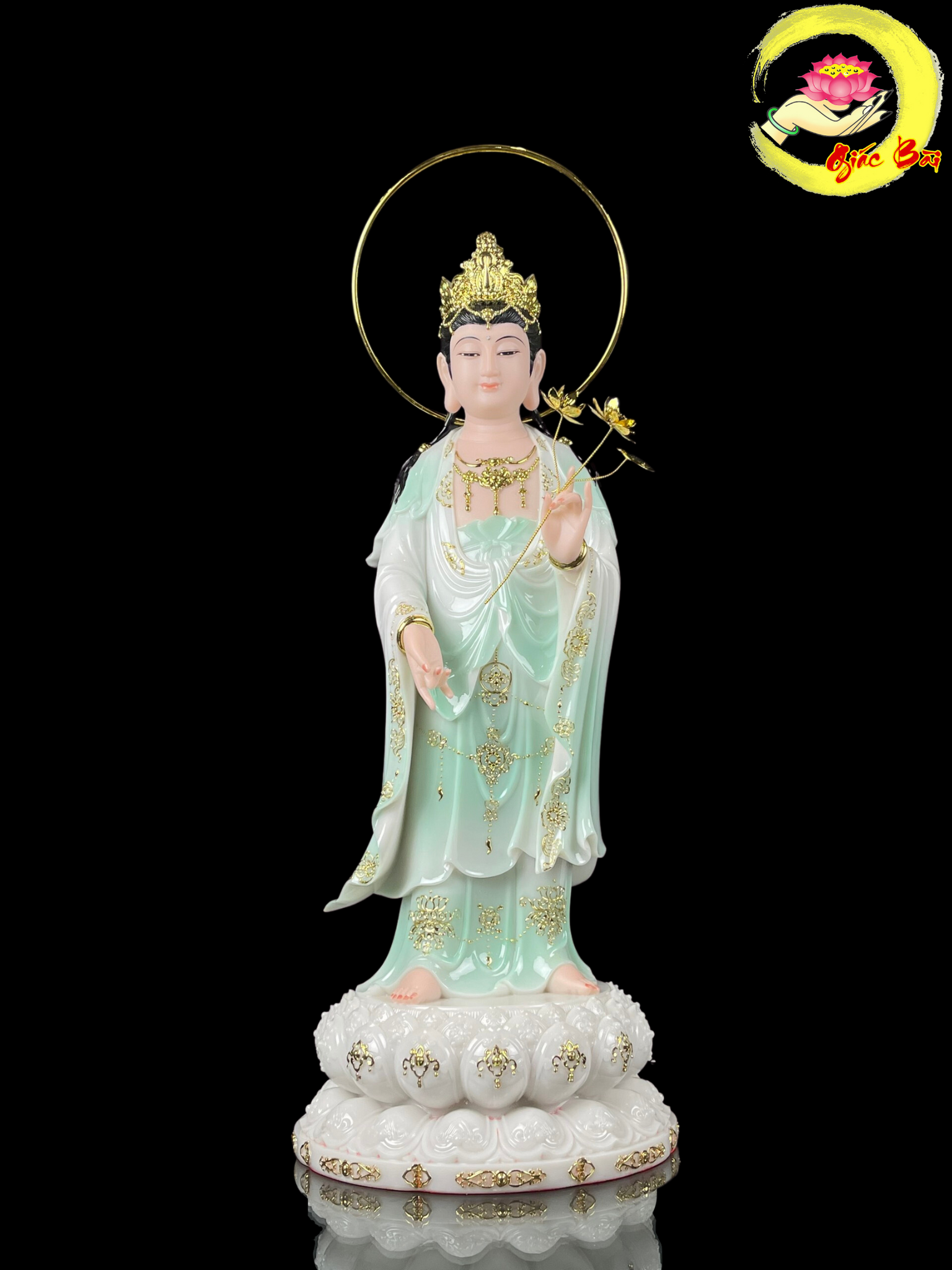 Tượng Phật Đại Thế Chí Thiên Thanh Viền Vàng Đứng cao 65, 90 cm