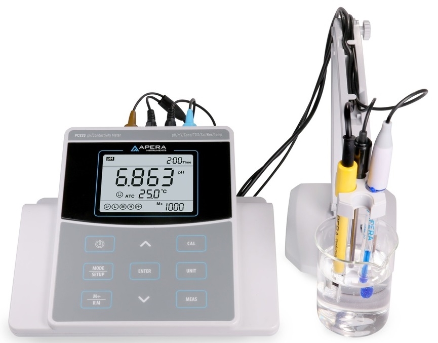 Máy đo pH/mV/độ dẫn/TDS/Độ mặn/Trở kháng/Nhiệt độ để bàn (theo GLP) APERA