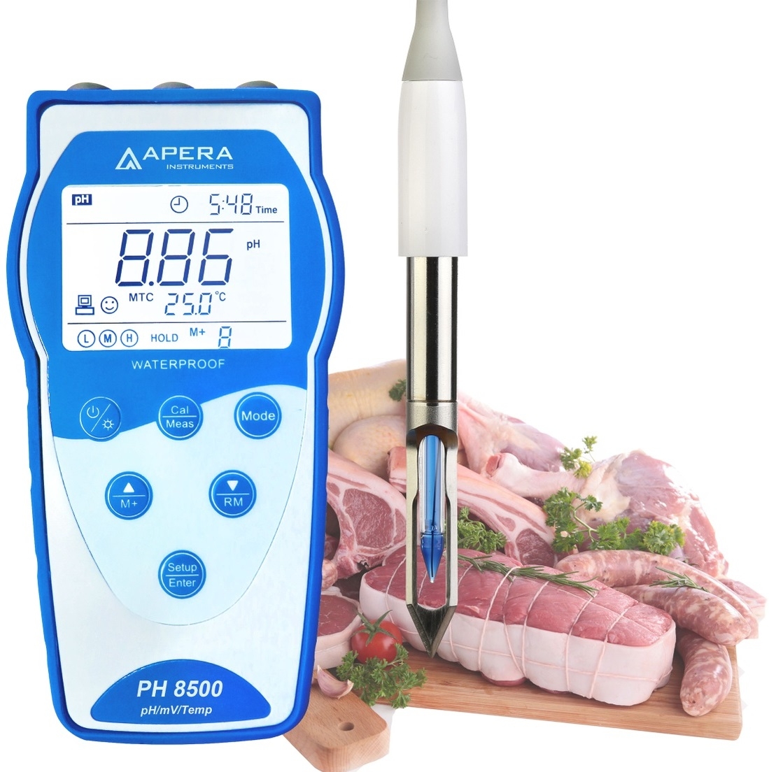Máy đo pH/mV/nhiệt độ cầm tay trong thịt/cá/thực phẩm (đáp ứng GLP) APERA