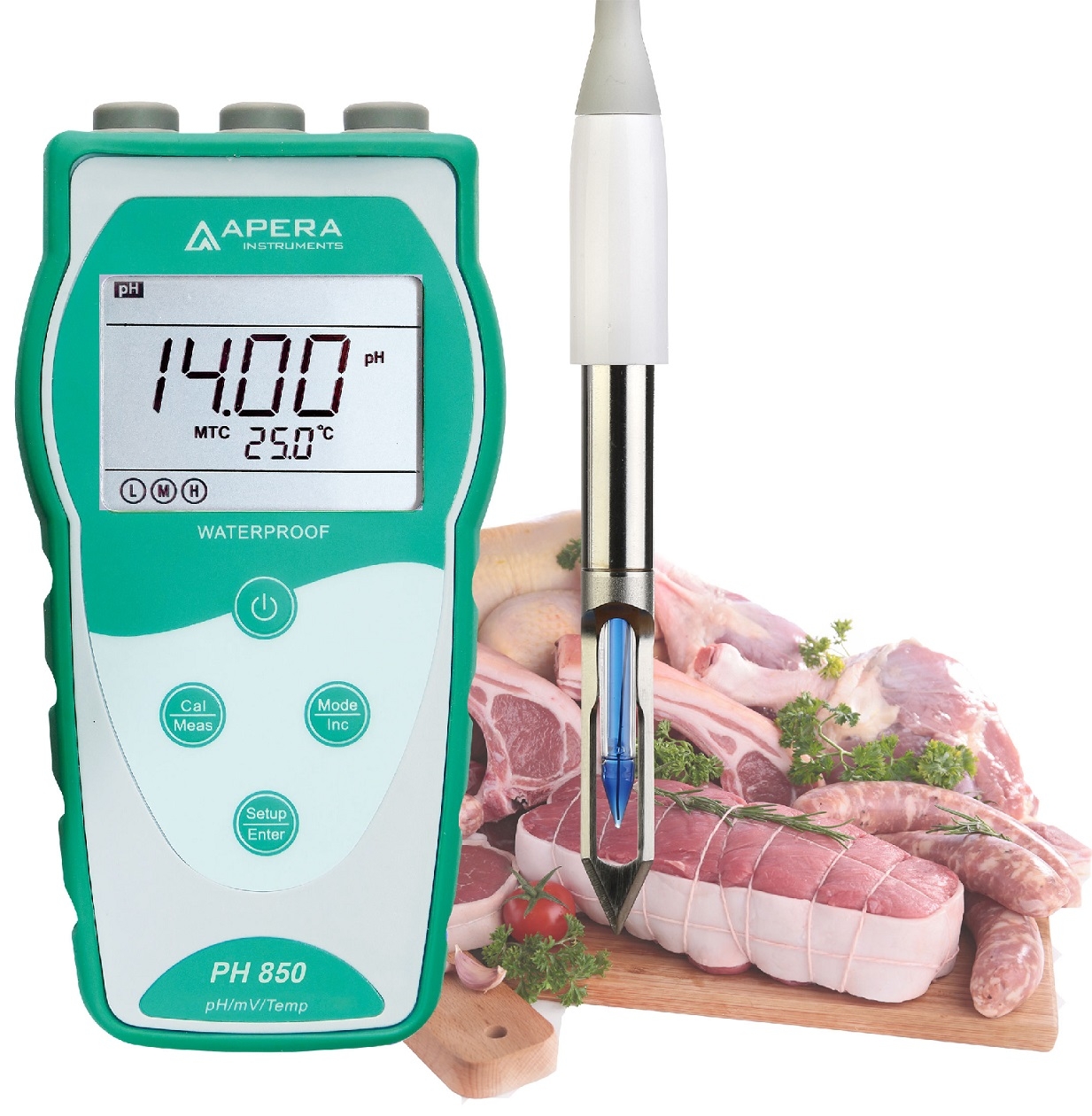 Máy đo pH/mV/nhiệt độ cầm tay trong thịt/ cá/ các loại thực phẩm Apera