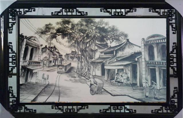 Tranh sứ vẽ phố cổ Hà Nội (60cm x90xcm)