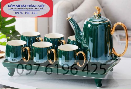 Bộ trà cao cấp viền vàng men xanh dáng cao hàng nhập khẩu