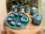 Bộ ấm pha trà gốm sứ Bát Tràng men xanh dáng vuông