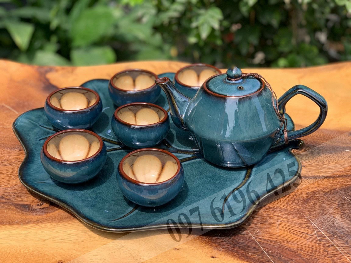 Bộ trà men hỏa biến xanh kèm khay sứ Bát Tràng