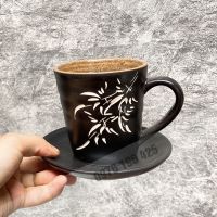 Cốc cà phê men gốm dáng vát khắc trúc