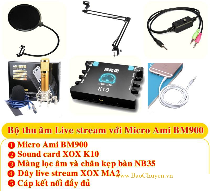 Bộ Micro thu âm Live Stream AMI BM900 + Sound Card XOX K10 và phụ kiện