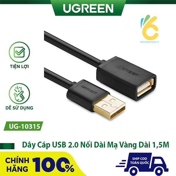 Cáp USB 2.0 nối dài mạ vàng đen dài 1.5m Ugreen UG-10315