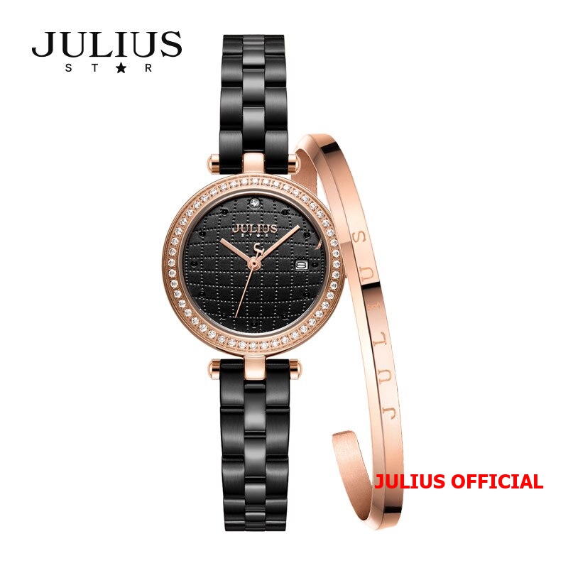 Đồng hồ nữ Julius Star JS-049 dây thép đen kính Sapphie - Size 24