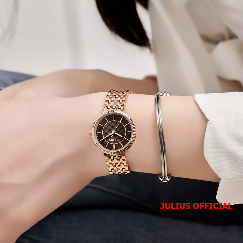 Đồng hồ nữ Julius JA-1302 dây thép vàng đồng mặt nâu |size 26