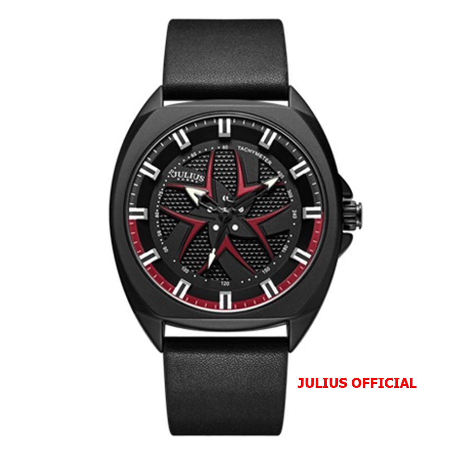 Julius Official | Đồng hồ nam Julius JAH-138 dây da đen sọc đỏ Size 41