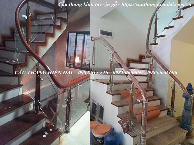 Cầu thang kính con tiện tay vịn gỗ lim nam phi, kính cường lực tại Vân Nội, Đông Anh, Hà Nội
