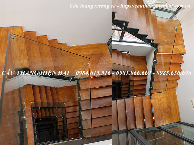 Mặt bậc gỗ cầu thang xương cá đẹp, cầu thang thép 2 vế tại hà nội