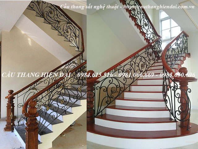 Cầu thang sắt mỹ thuật cổ điển sang trọng, kết cấu bởi các họa tiết sắt trang trí, tay vịn gỗ lim nam phí