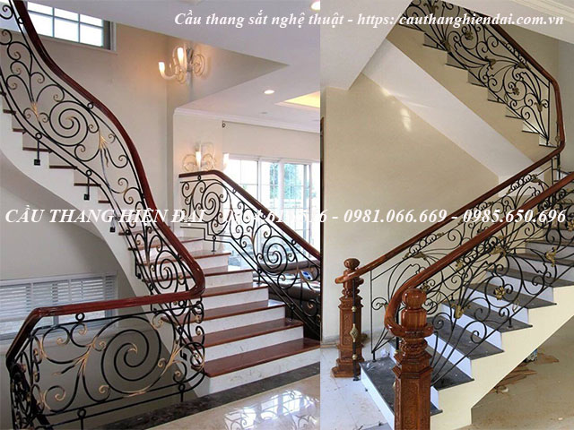 Cầu thang sắt mỹ thuật cổ điển sang trọng, kết cấu bởi các họa tiết sắt trang trí, tay vịn gỗ lim nam phí