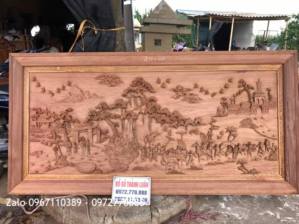 Bức tranh Vinh Quy Bái Tổ gỗ hương đỏ Lào. A Dương Long Biên HN