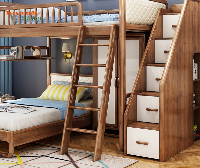 Giường tầng trẻ em gỗ tự nhiên kết hợp góc học tập.GTE 039