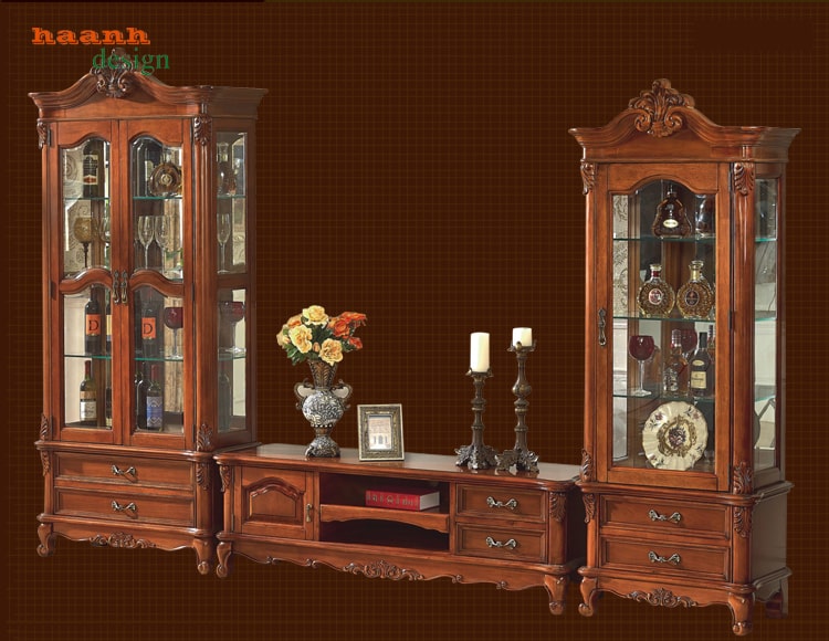 Tủ trang trí phòng khách tân cổ điển gỗ tự nhiên sang trọng. TCD 018