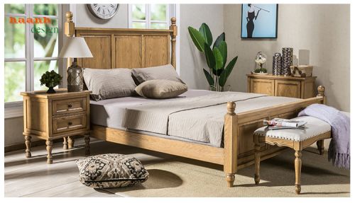 Giường gỗ tân cổ điển gỗ sồi đỏ tự nhiên phong cách Bắc Mỹ.GNC 032