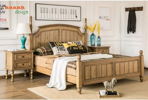 Giường ngủ tân cổ điển gỗ sồi tự nhiên phong cách Bắc Mỹ GNC008