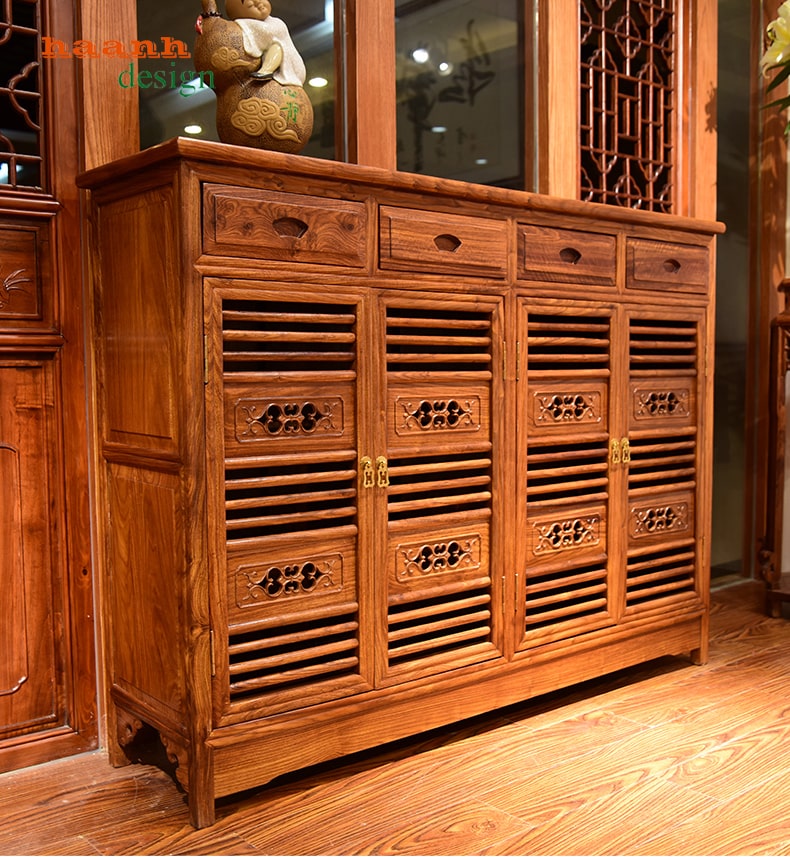 Tủ giầy gỗ tự nhiên phong cách á đông chạm khắc sắc nét. TGC 009