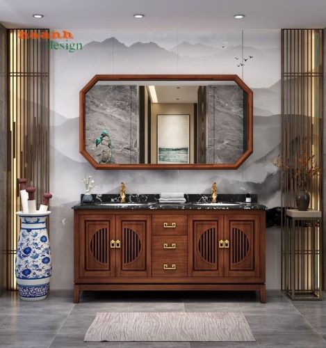 Tủ lavabo phòng tắm phong cách giả cổ gỗ tự nhiên. PTG 004