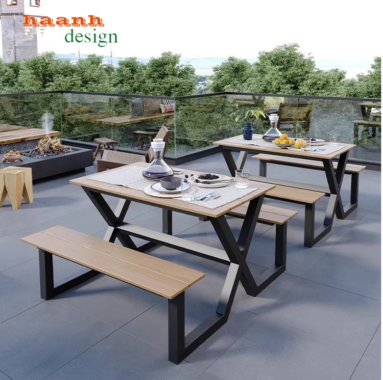 Bàn ghế ngoài trời chân sắt mặt gỗ Teak chất lượng cao GTN 039