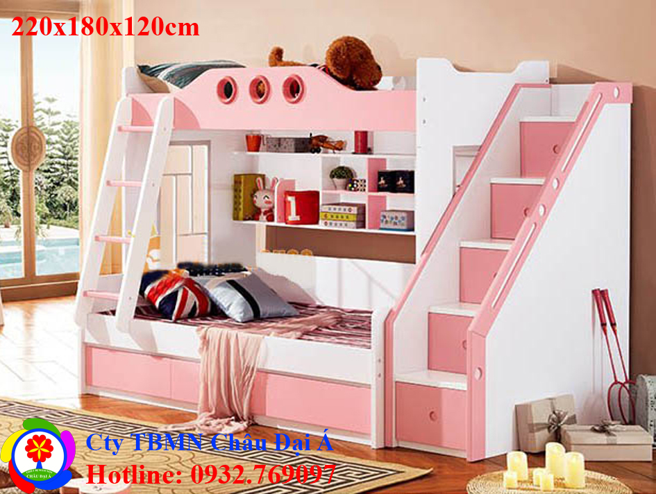 Giường tầng màu hồng cho bé